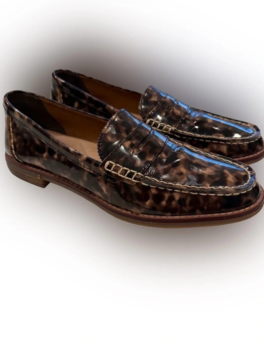 Sperry Women’s Seaport Penny Loafers On Tortoise Shell Patent Leather Sz 8 NEW